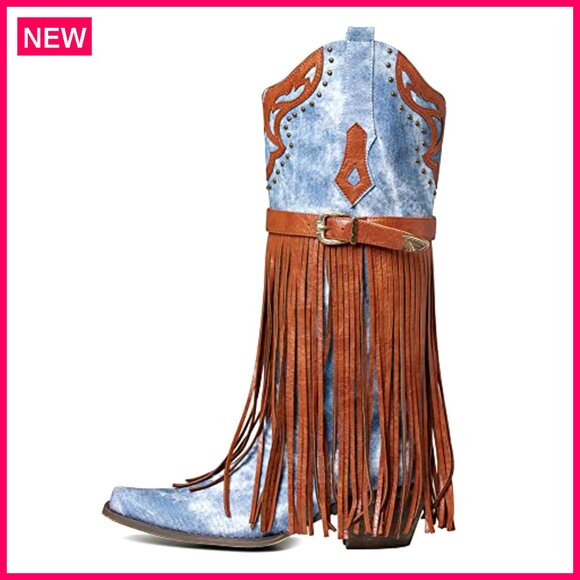 Western Booties Pointed Toe Chunky Heel Embroidered Fringe Pull-On Mid Calf - Picture 7 of 8